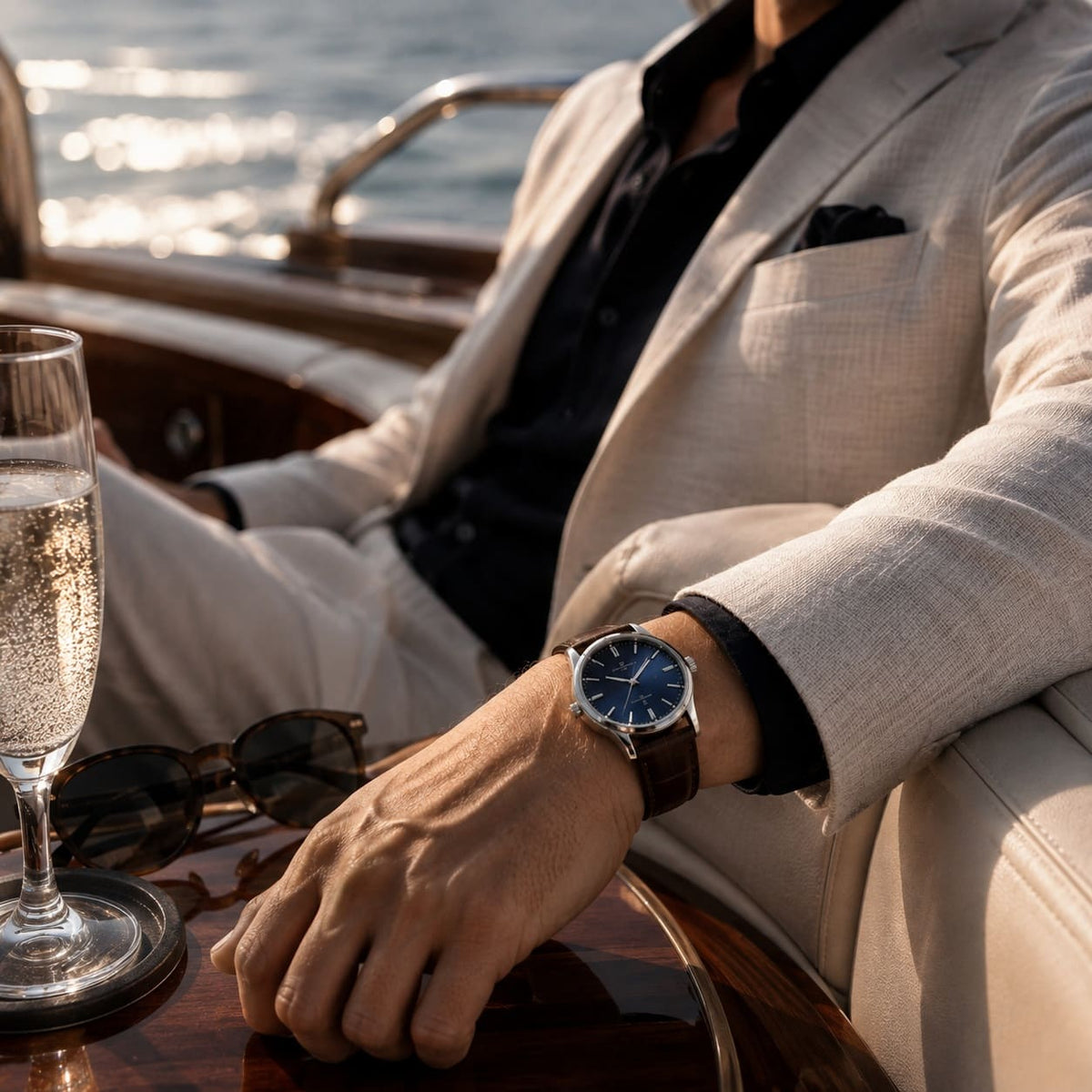 Valmon Dress Watch on Wrist in Boat